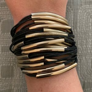 Black Cord and Gold tone Bars Bracelet 20 Strands